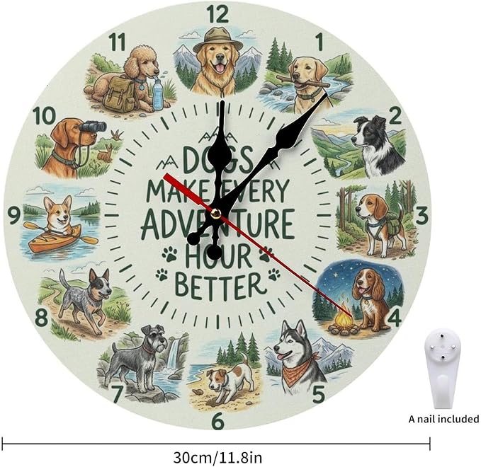 Outdoor Dogs Silent Non Ticking Wooden Wall Clock | Frameless Pet Animal Theme Decor for Kids Room, Playroom, Office, Dog Lover Gift