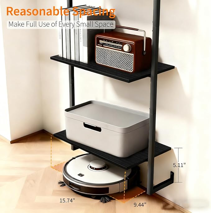 4 Tier Industrial Ladder Bookshelf 15.74" Dx9.44 Wx49.99 H, Wall Mounted Bookcase with Metal Frame for Home Office, Living Room, Study，Black