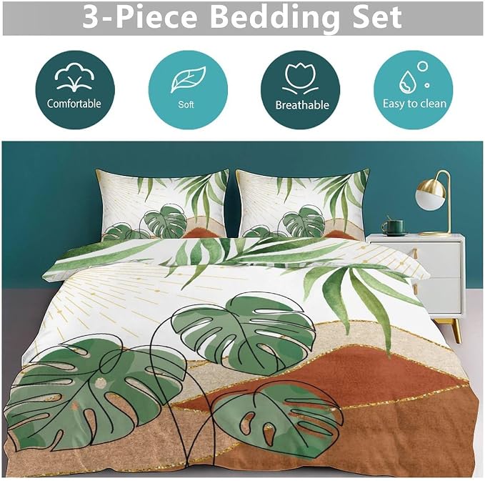 Boho Sunrise Bedding Set,Mid Century Aesthetic Tropical Palm Leaves Abstract Minimalist Comforter Set with Pillowcase for Bedroom Bed Decor,Full 79"x90"