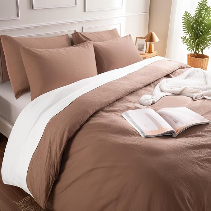 NEXHOME PRO Duvet Cover Set Queen Size Linen Textured Organic Natural 100% Washed Cotton Duvet Cover Mocha Brown 3 Pieces Bedding Set with Zipper Closure, Breathable, Soft (No Comforter)