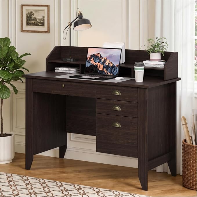 4 EVER WINNER Small Desk with Drawers, Office Desk with File Drawer and Monitor Stand, Writing Desk Study Table for Small Spaces, Espresso