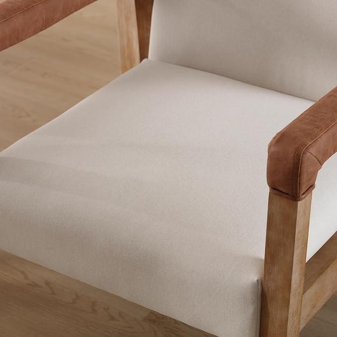 Mid Century Modern Dining Chairs Set of 2 Linen Fabric Upholstered Living Room Side Chair, Kitchen Arm Chair with Solid Wood Legs for Home Kitchen & Restaurant, Linen White