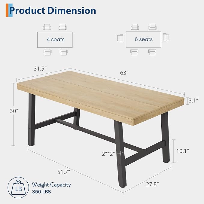 GarveeHome Industrial Dining Table for 4-6 People, 63" Long Wooden Kitchen Table with Sturdy Metal Frame & Natural Wood Finish - Seats 4 Rectangular Counter for Dinner, Kitchen, Dining Room - Natural