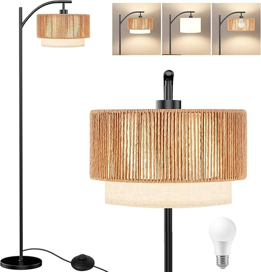 TJOY Floor Lamp for Living Room with 12W LED Bulb, Arc Floor Lamp, 3 Color Temperatures Standing Floor Lamp with Boho Rattan & Fabric Shades for Living Room, Bedroom, Farmhouse, Corner