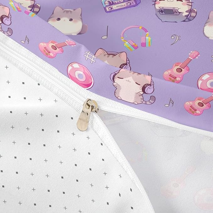 Erosebridal Cute Cat Duvet Cover King Purple Kitten Bedding Set Guitar Musical Notes Comforter Cover for Kids Girls Boys Adults Cartoon Pet Animals Bed Set