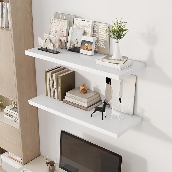 Dreamland 36" Floating Shelves for Wall, 12" Deep Slim White Floating Shelves, Wall-Mounted Shelves for Bedroom, Living Room, Kitchen, Bathroom - Set of 2