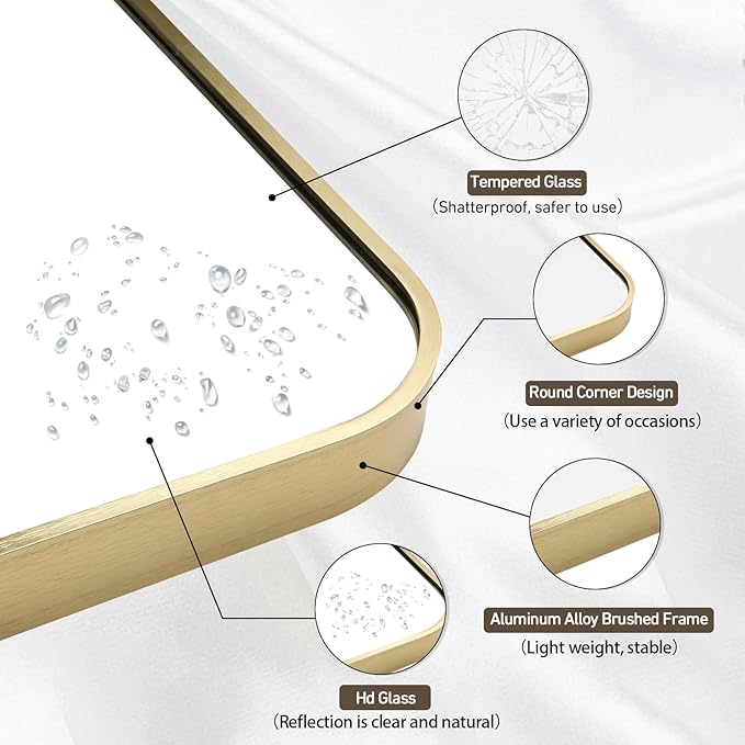 Gold Bathroom Mirror, 26x38 Inch Brushed Gold Mirror, Aluminum Alloy Framed Vanity Mirror, Rounded Rectangle Mirror for Over Sink, Anti-Rust (Horizontally or Vertically)