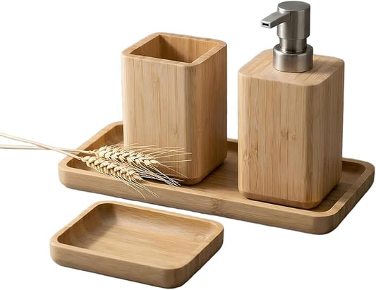 Natural Bamboo Bathroom Accessory Set with Soap Dispenser, Toothbrush Holder, and Soap Dish and Tray, Handmade, Waterproof Design