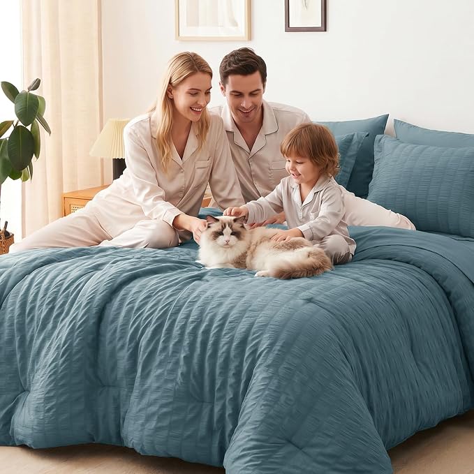 CozyLux Oversized Queen Comforter Set with Sheets, 7 Pieces 98"x98" Mineral Blue Seersucker Bed in a Bag, Luxury Bedding Sets with Down Alternative Comforter, Sheets, Pillowcases & Shams, Home Gift