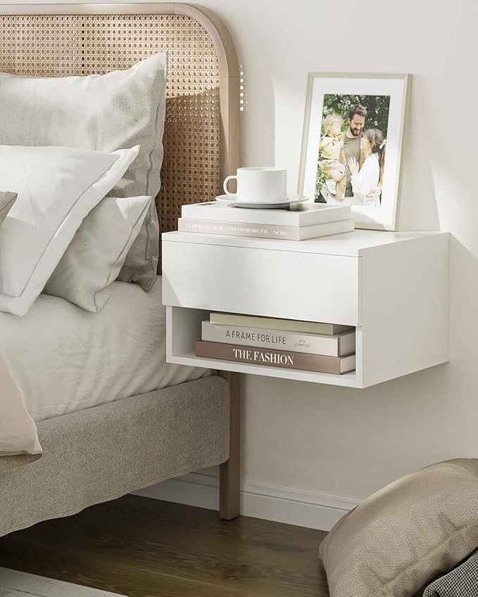 Floating Nightstand, Small Modern Floating Nightstand with Drawer, Floating Shelves for Bedroom, Bathroom (White)