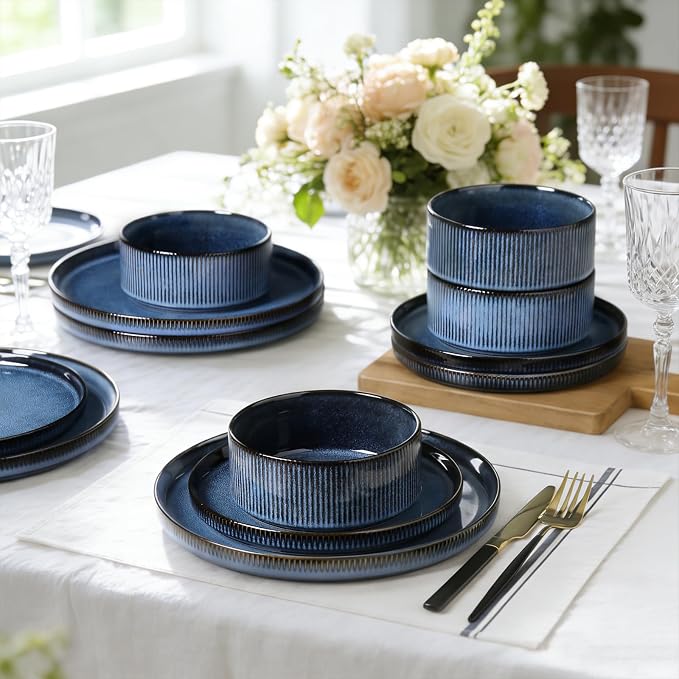 MONITO Ceramic Dinnerware Sets for 6, 18PCS Stoneware Plates and Bowls Sets, Reactive Glaze Dish Set, Chip and Scratch Resistant Double, Microwave and Dishwasher Safe, Dark Blue