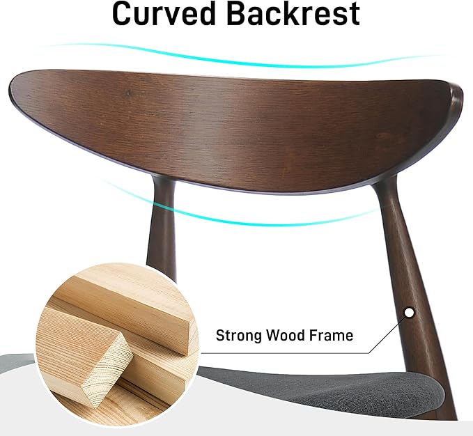 Mid-Century Modern Rectangular Dining Table with 4 Chairs, Solid Rubberwood Frame, Charcoal and Walnut Finish, Fabric Seats with Polyurethane Foam Filler, 4-Leg Base