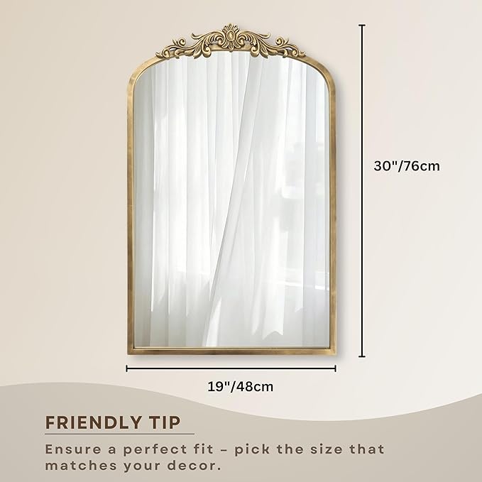 PERFNIQUE Vintage Mirror, 30" X 19" Arched Antique Baroque Mirror, Gold Traditional Wall Decor, Ornate Decor Anthro Look Alike Decor for Bathroom Living Room Fireplace Entryway Mantle Hallway