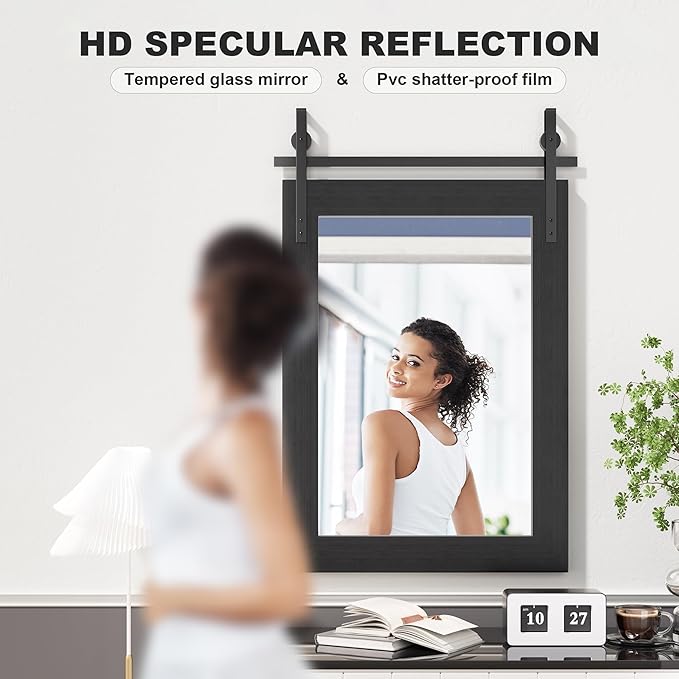 Hasipu Farmhouse Bathroom Mirror, 22"x30" Rustic Wood Framed Wall Mounted Mirror, Black Vintage Vanity Mirror Barn Door Style Decrative Mirrors