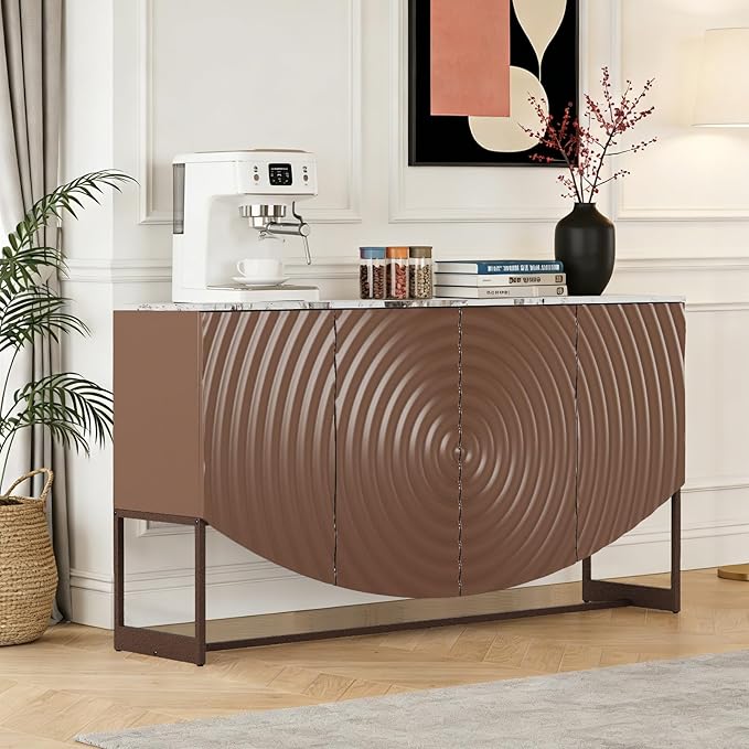 LKTART Sideboard Buffet Cabinet with Storage, 4 Doors Modern Accent Storage Cabinet Water Ripple Sideboard Buffet with Simulated Marble Textured Countertop for Kitchen, Living Room