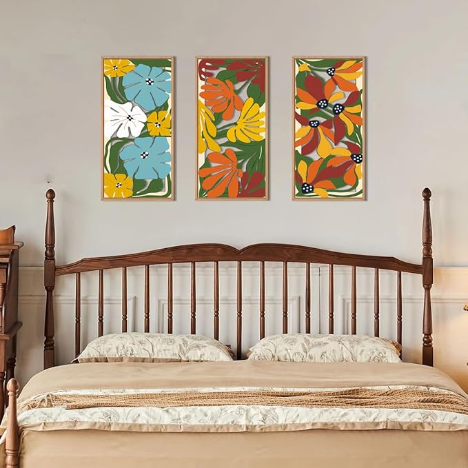 IARTTOP Boho Floral Wood Wall Art Framed 8x16 Inch Set of 3 Minimalist Botanical Plant Wooden Wall Decor Colorful Mid-century Modern Flower Artwork for Living room Bedroom Office