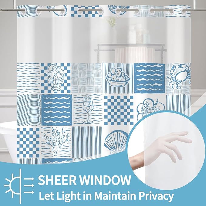 No Hook Shower Curtain Summer Blue Double-Layered Shower Curtains with Snap in Fabric Liner Tropical Fruits and Marine Life Curtains for Bathroom Waterproof Polyester Cloth 71x74 Inch