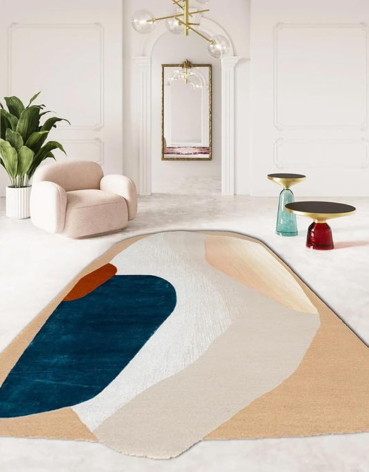 Minimalist Mid Century Modern Irregular Area Rug for Living Room Guestroom Bedroom Abstract Shaped Rug Low Pile Washable Carpet 7x12 Boho Art Meetingroom Home Office Foldable Rugs Cream Beige Brown