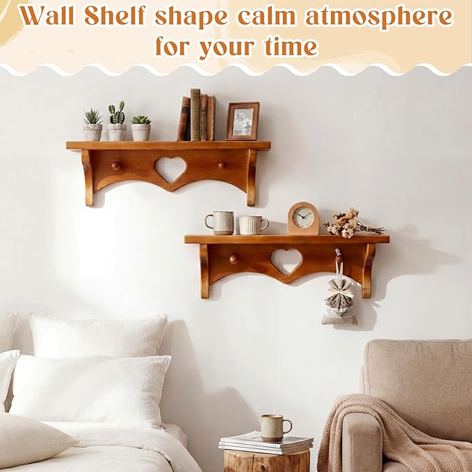 Novabright 2 Pcs Wooden Heart Shelves 16" Vintage Floating Shelf with Hooks Natural Walnut Pine Wood Coat Rack Wall Mounted Hanging Shelf for Living Room Bedroom Bathroom Home Decor