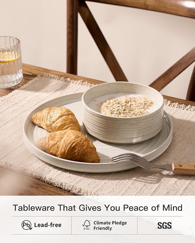 Plates and Bowls Sets for 6 (18-Piece) Stoneware Reactive Glaze Dinnerware with Speckles & Spirals, Chip and Scratch Resistant Straight Dishes Set with Gift Box, Microwave Dishwasher Safe, Shell Beige