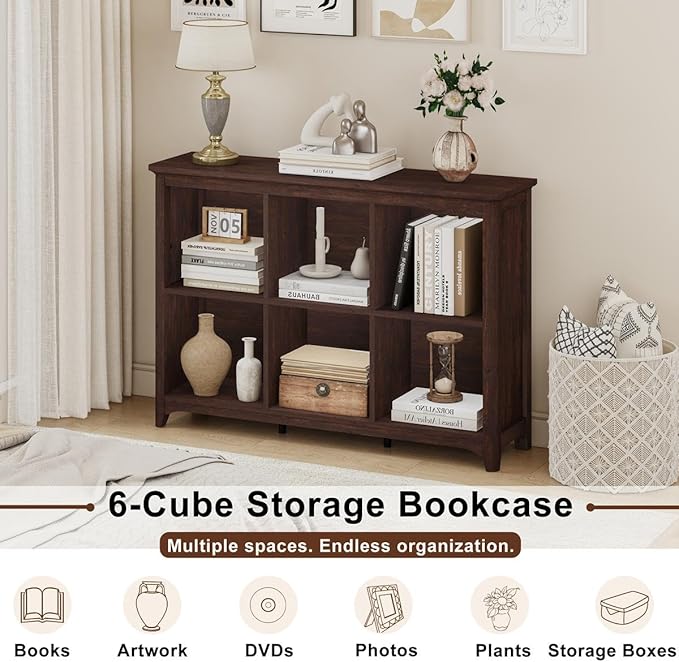 BON AUGURE 6 Cube Storage Bookcase, 43" Wide Horizontal Wooden Bookshelf, Floor Standing Low Book Shelf with Curved Edge for Living Room, Office - Brown Cherry