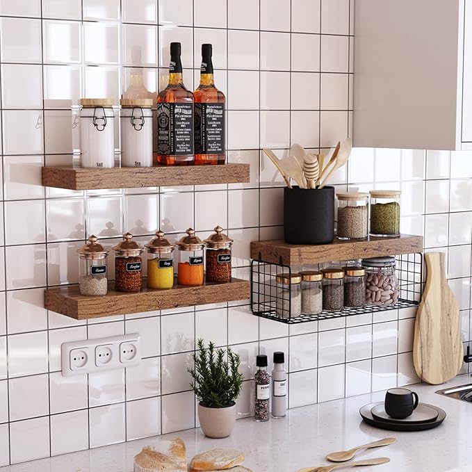 QEEIG Bathroom Shelves Over Toilet - Wall Mounted Floating Shelves Toilet Paper Storage Small Farmhouse Decor Shelf 16 inch Set of 3, Rustic Brown (019-BN3)