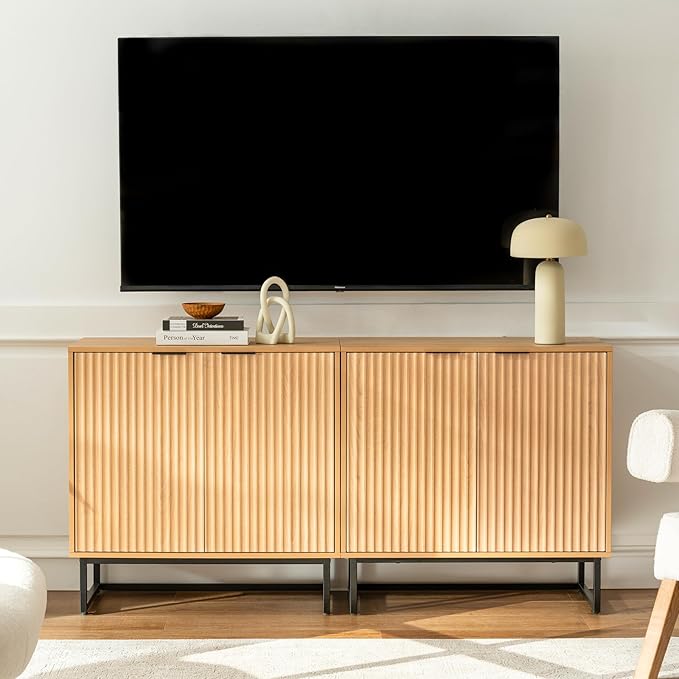 Fluted Storage Cabinets Set of 2, Sideboard Buffet Cabinet Modern Accent Cabinets with Adjustable Shelves, Credenza, Console Table Entryway Cabinet for Living Room, Natural Oak