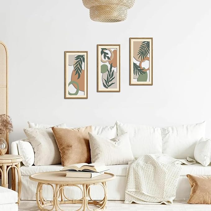 IARTTOP Sage Green Wall Art Framed Set of 3 Green Abstract Wood Wall Decor Boho Plant Neutral Wall Art Geometric Aesthetic Botanical Artwork for Living Room Bedroom Office 7.9 x15.8 Inch