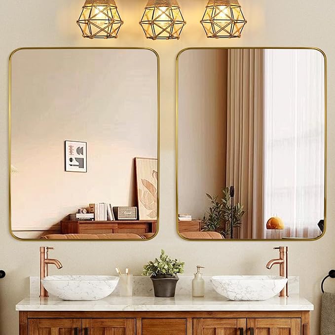 Gold Wall Mirror for Bathroom 28X36 Inch Stainless Steel Metal Frame Bathroom Vanity Mirror Rounded Rectangle Mirror Rustproof for Entryway, Living Room Hangs Vertically or Horizontally