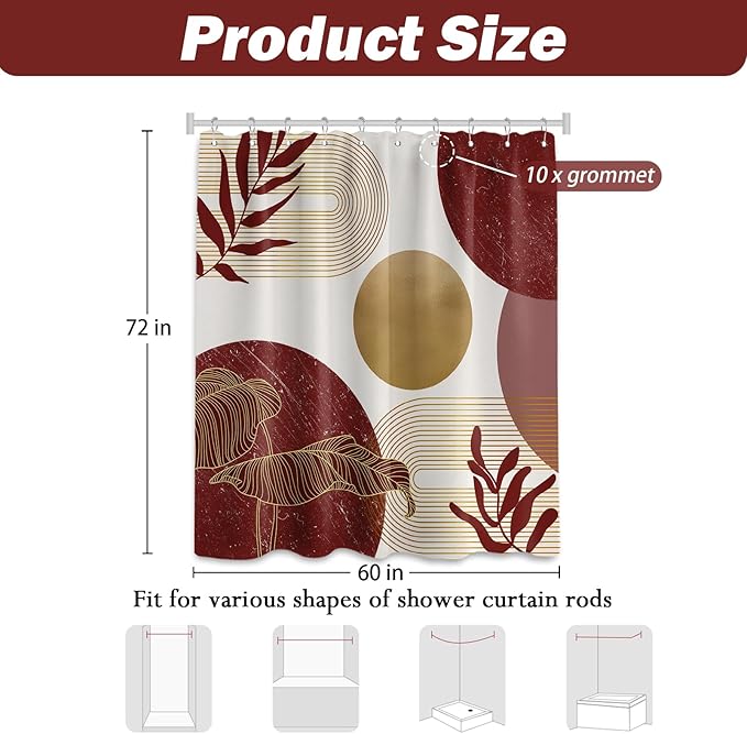 Red and Gold Shower Curtain Burgundy Dark Red and White Shower Curtains for Bathroom Decor Abstract MCM Bath Curtain Set, Waterproof Fabric with Hooks 60 x 72 Inch