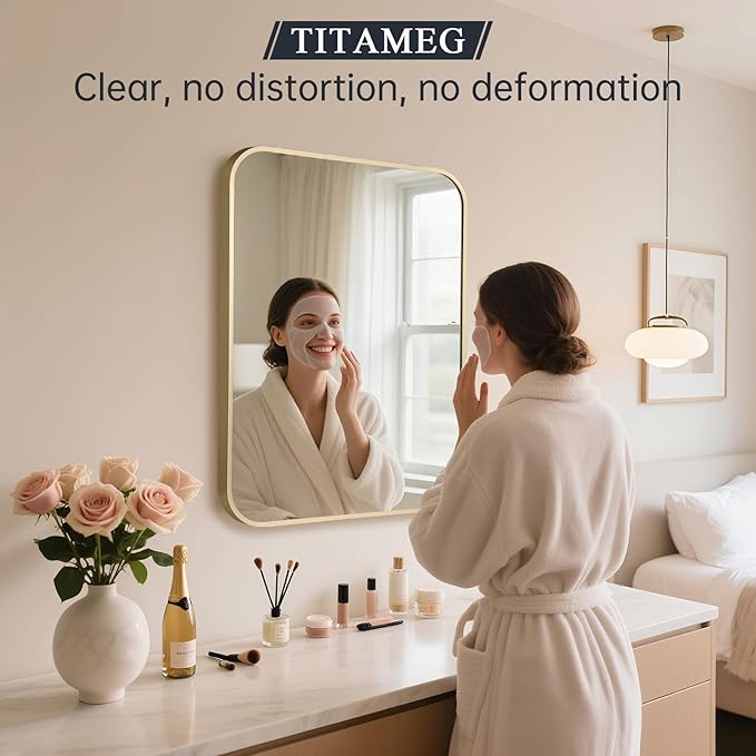24x36 Inch Dark Matte Gold Bathroom Mirror for Wall，Framed Rectangle Mirror with Rounded Corner,Brushed Mirror for Bedroom or Living Room,Vertical or Horizontall