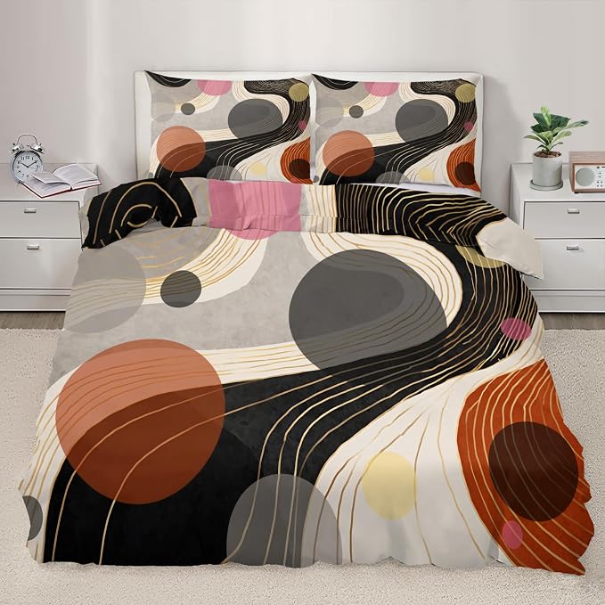 Geometric Abstract Duvet Cover Queen Size for Teen Women Adult, Modern Geometric Line Bedding Set 3 Piece, Minimalist Mid Century Circle Patterned Comforter Cover with Zipper, 2 Pillowcases