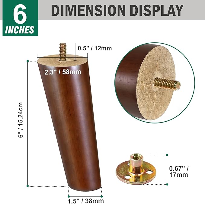 FoDau770 Brown Rubber Wood Furniture Legs 6 Inches, Slant Tapered Wood Feet Mid Century Sofa Legs Set of 4, 5/16" UNC Furniture Feet Replacement Parts for Cabinet Couch Dresser Chair Ottoman Table