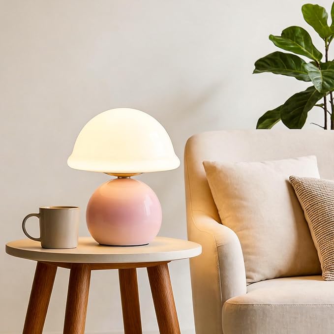 Mushroom Table Lamp for Bedroom, Cozy Bedside Lamp with Glass Shade, Stepless Dimmable Nightstand Lamp for Relaxing Bedroom Decor & Aesthetic Home (Pink)