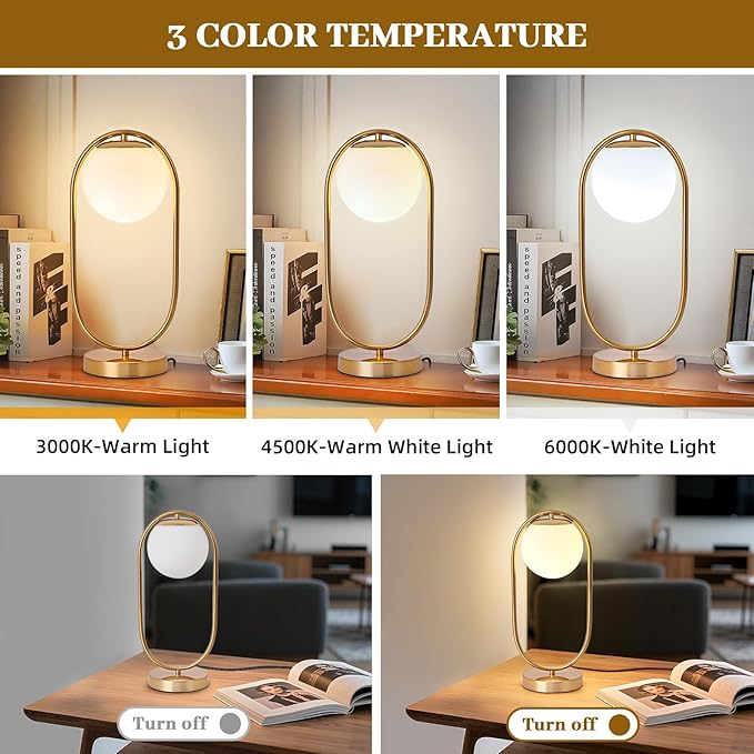 NKU Mid Century Modern Table Lamp, Boho Vintage Glass Globe Lamp with LED Bulb, Bedside Nightstand Light for Bedroom Farmhouse Office Desk