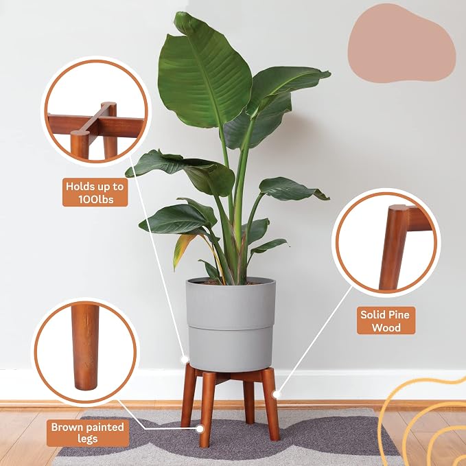 Ilyapa Indoor Plant Stand - Mid Century Modern Floor Planter Stand, 8 Inch Tall, 12 Inch Wide Walnut Stain Pot Riser - Plants Display Rack