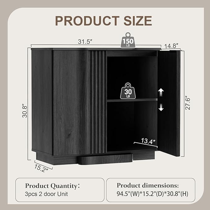 Yechen Buffet Cabinet with Storage, 31.5" Accent Sideboard Modern Credenza with Doors & Adjustable Shelves Fluted Media Console Wood Coffee Bar Table for Living Kitchen Dining Room,Black (2 Door)