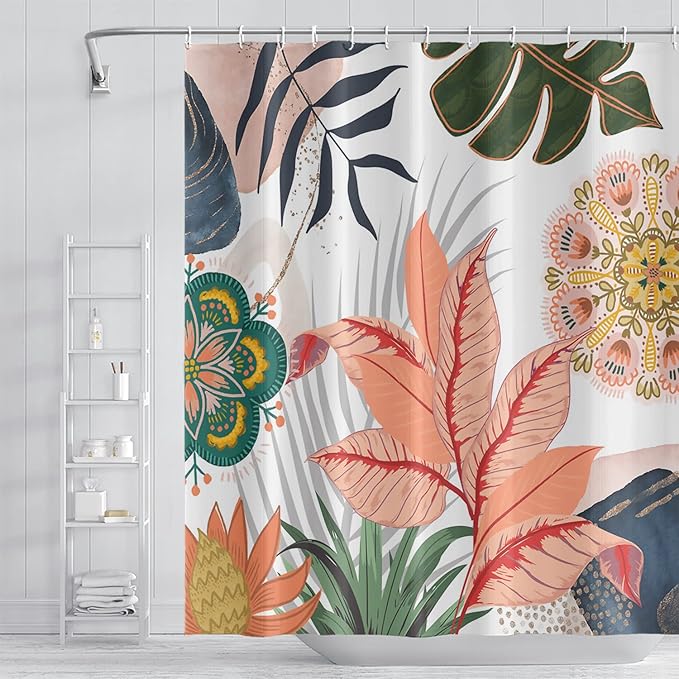 Abstract Mid Century Bathroom Curtain Colorful Boho Tropical Leaves Shower Curtain with Hooks Polyester Waterproof Fabric Home Bathtub Decorative, 69x70 Inch
