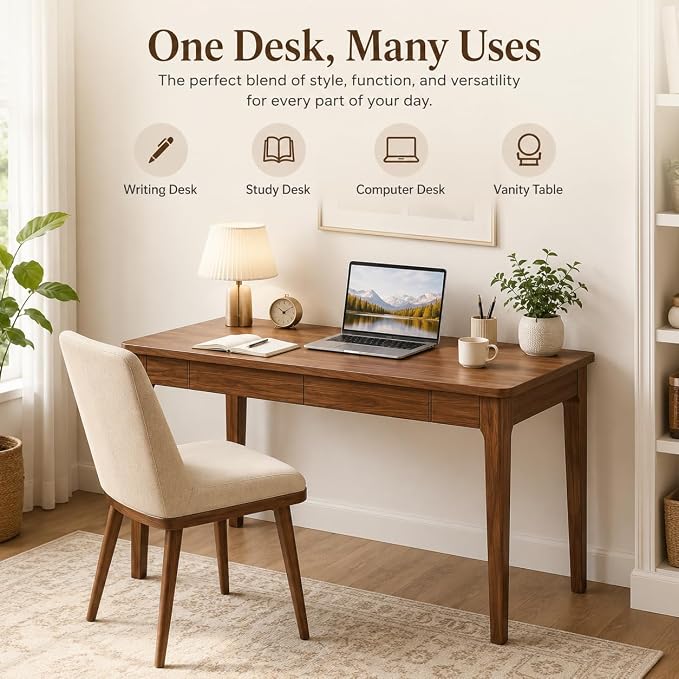Mid Century Modern Desk with Drawers,47.2 inch Solid Wood Writing Desk for Home Office Bedroom,Small Computer Desk for Spaces Easy Assembly Walnut