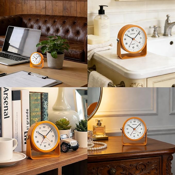 Lamisola 3.5 Inch Small Desk Alarm Clock, Battery Operated Analog Silent Clock with Night Light, Retro Vintage Metal Bedside Clock for Bedroom, Office, Bathroom, Dorm, Shelf, Table - Orange