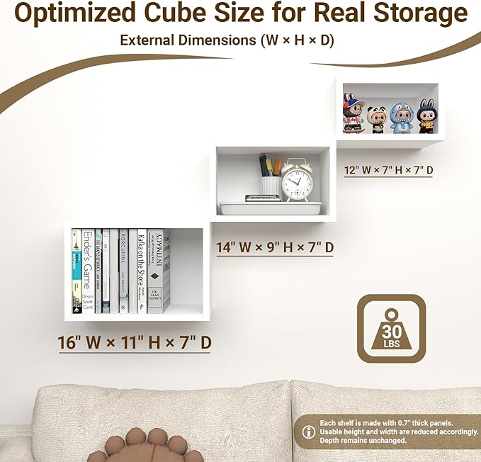 Premium Warm White Floating Cube Shelves, Eco-Friendly Wood Box-Style Wall Storage Display Set of 3 — Pre-Assembled, Ready to Use, Modern Decorative Wall Shelf Units for Living Room, Bedroom & Office