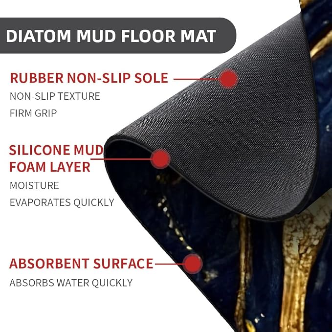 Diatomaceous Earth Bath Mat,Blue and Gold Marble Texture Non-Slip Volume Super Absorbent Fast Drying for Bathroom Kitchen Door mat,Eco-Friendly Easy to Clean 16×24Inch (40 * 60cm)