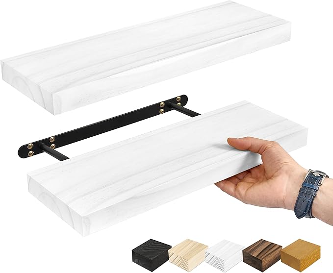 Sorbus Wood Floating Shelves for Wall - 16” Solid Wood Wall Shelves for Bathroom Decor, Books, Bedroom & Living Room - Set of 2 White Wall Mounted Kitchen Shelves - Durable Solid Pine