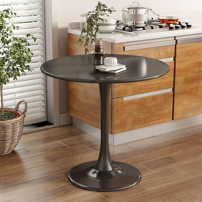 Round Dining Table 31.5" Circle Tulip Table with Wood Thickened Tabletop & Sturdy Metal Pedestal Mid Century Modern Leisure Bistro Kitchen Tables 4 People Small Places Living Room Cafe,Black