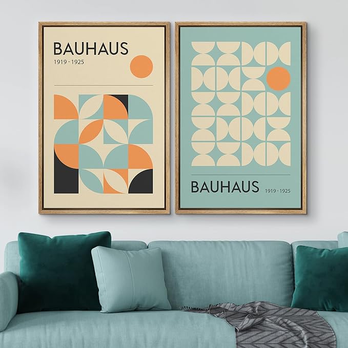 IDEA4WALL Framed Canvas Print Wall Art Set Bauhaus Geometric Blue Orange Polygon Collage Abstract Shapes Illustrations Modern Art Decorative for Living Room, Bedroom, Office - 16"x24"x2 Natural