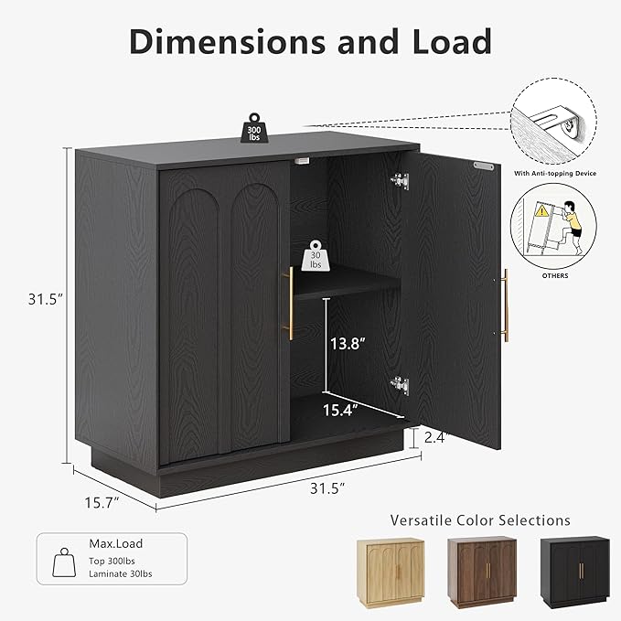 Sideboard Buffet Cabinet with Storage Set of 2, Mid Century Modern Accent Cabinet with Arched Doors, Modular Media Console, Credenza for Living Room Kitchen Dining Room Entryway, Black