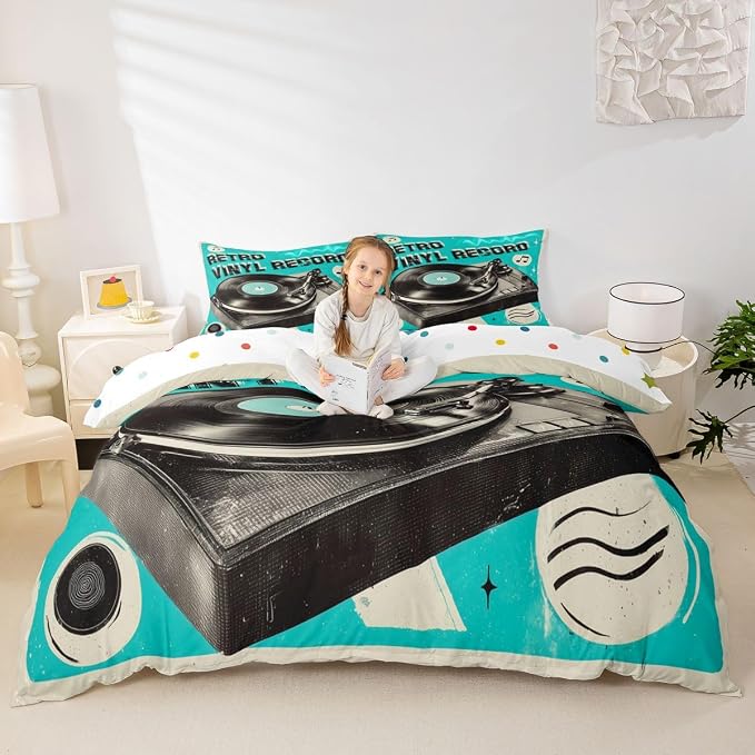 Erosebridal Retro Music Duvet Cover Queen for Boys Men - Retro Vinyl Record Bedding Set Vintage Nostalgic Music Comforter Cover,Rustic Musical Notes Bed Set