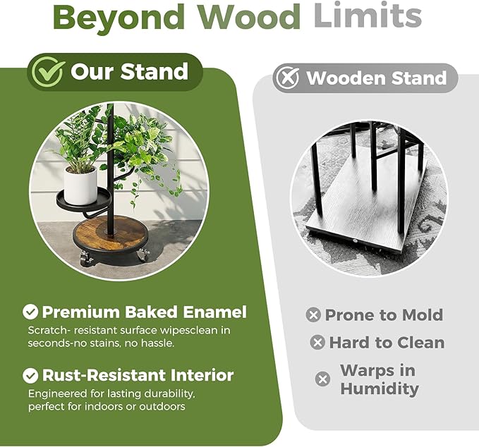 Bamworld Tall Plant Stand Indoor Outdoor Metal Plant Stands with Wheels 5 Tiered Corner Plant Holder Heavy Duty Flower Stand for Multiple Pots Planter Stand for Patio Balcony Living Room (Black)