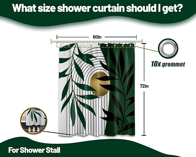 Olive Green and Gold Shower Curtain, Boho Modern Mid Century Shower Curtains for Bathroom Decor, Waterproof Fabric with Hooks, 60" W x 72" L (Pack of 1)