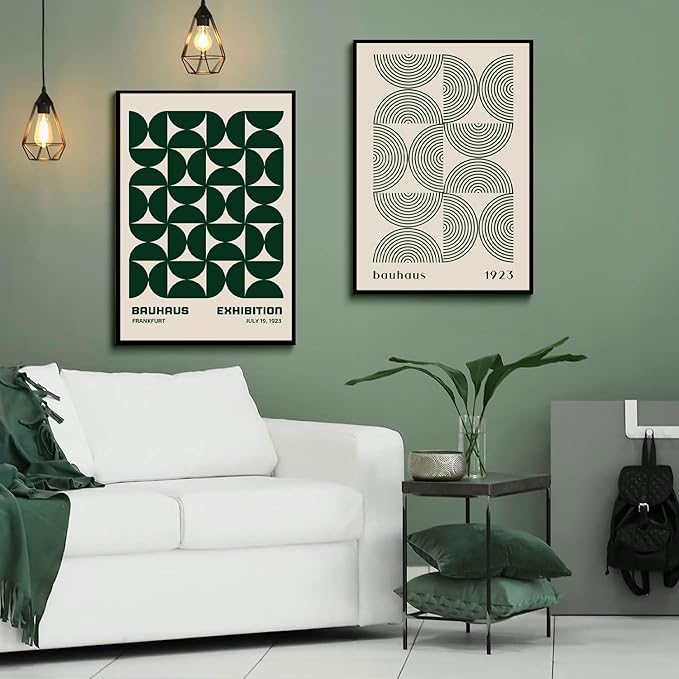 2Pcs Bauhaus Mid Century Modern Wall Art Retro Exhibition Posters Prints Green Boho Geometric Abstract Minimalist Wall Decor Pictures for Bedroom iving Room Dining Room UNFRAMED (Green, 12x16in)